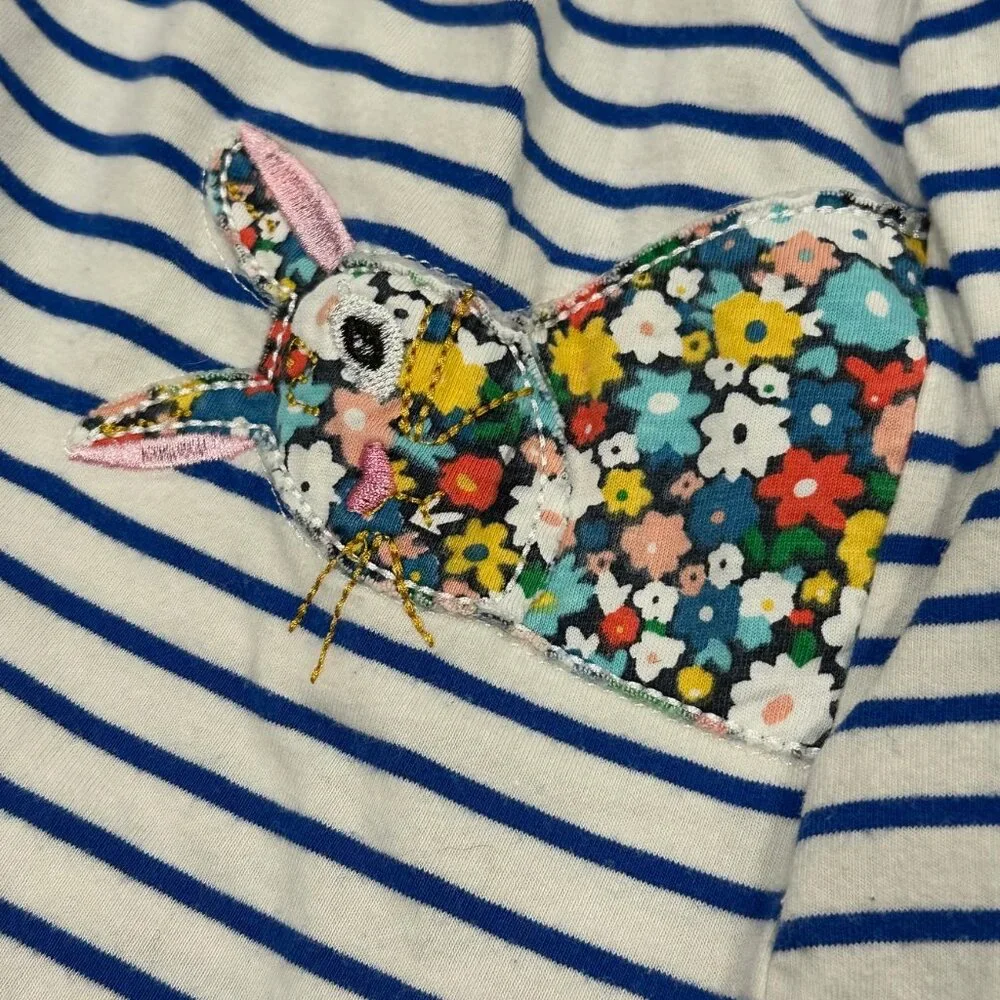 Blue & White Striped Cotton Dress with Bunny Rabbit Patches, Size 5/6